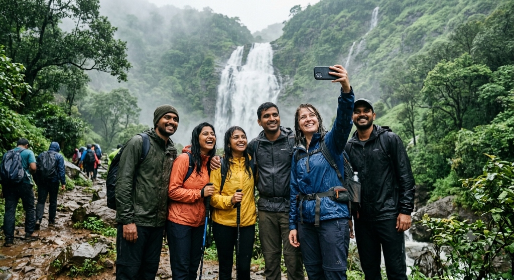 Group of friends happily taking a selfie in front of a majestic Sahyadri monsoon waterfall